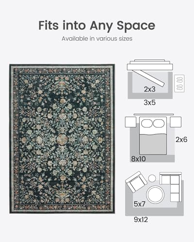 Vintage Floral 8x10 Washable Area Rug - Non-Slip Living Room Carpet